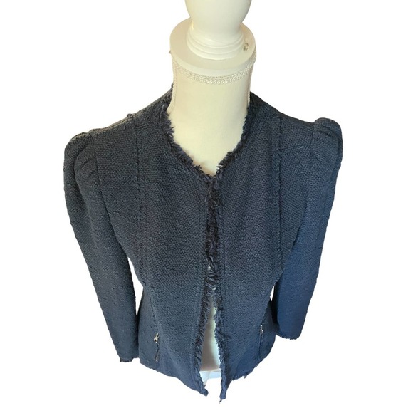 Rebecca Taylor Frayed Cardigan Jacket Collarless Long Sleeve Size 2 Blue - Picture 2 of 11
